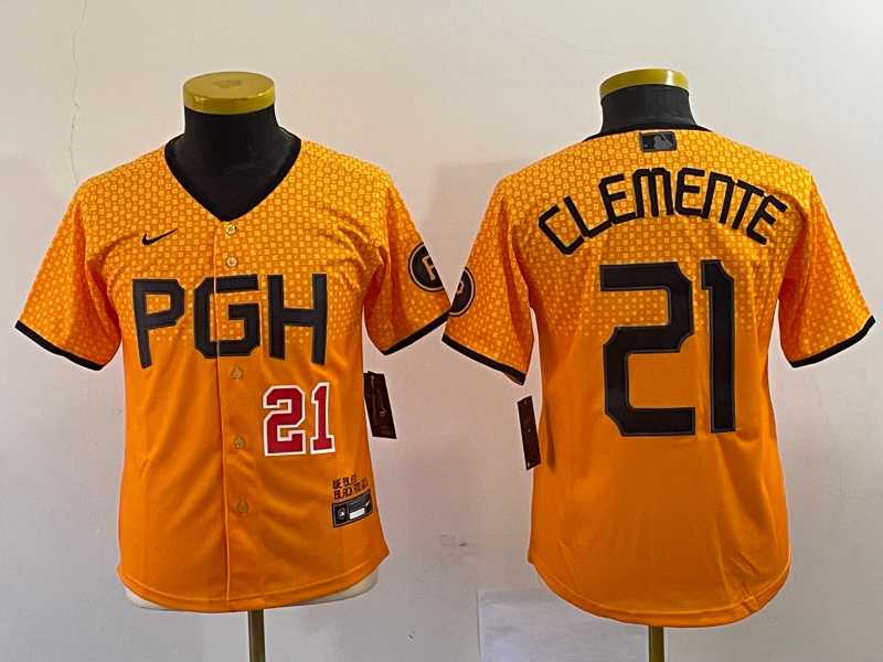 Youth Pittsburgh Pirates #21 Roberto Clemente Number Yellow 2023 City Connect Stitched Jersey->mlb womens jerseys->MLB Jersey